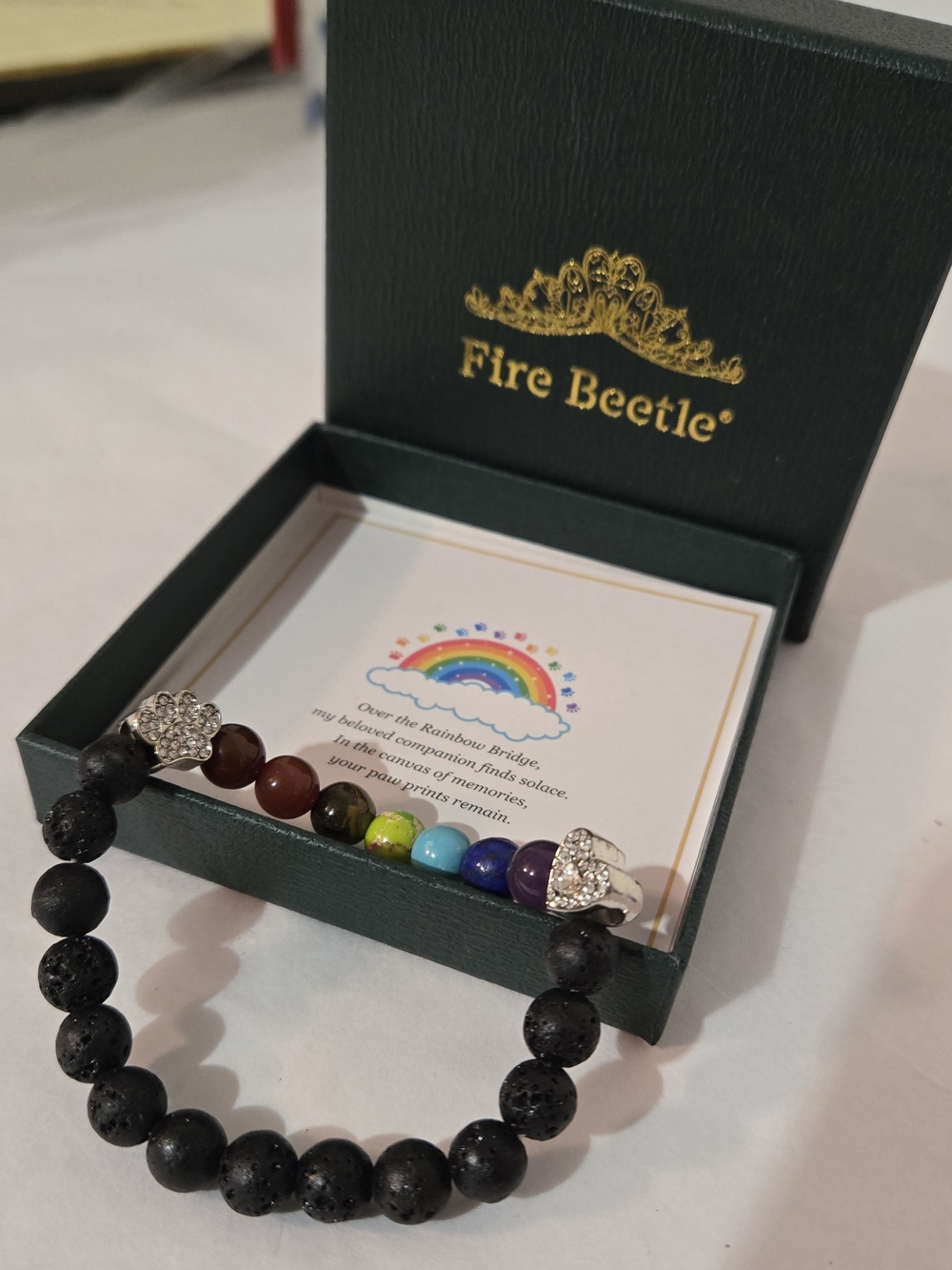 Fire Beetle Rainbow Bridge Pet Memorial Lava Rock Bead Bracelet with Gift Box &